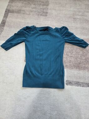 take out Teal Puff-Sleeve Knit Top